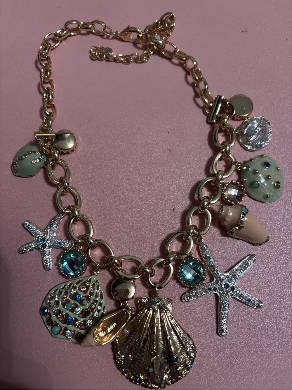Gold-Tone Sea Life Charm Necklace with Aqua Accents